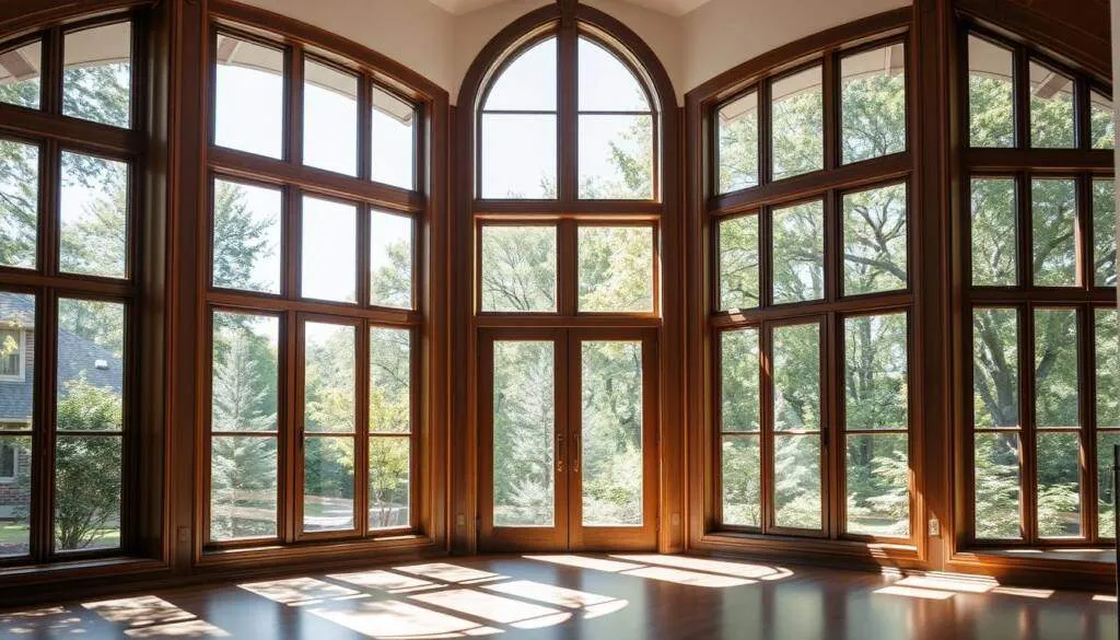 floor-to-ceiling wooden windows