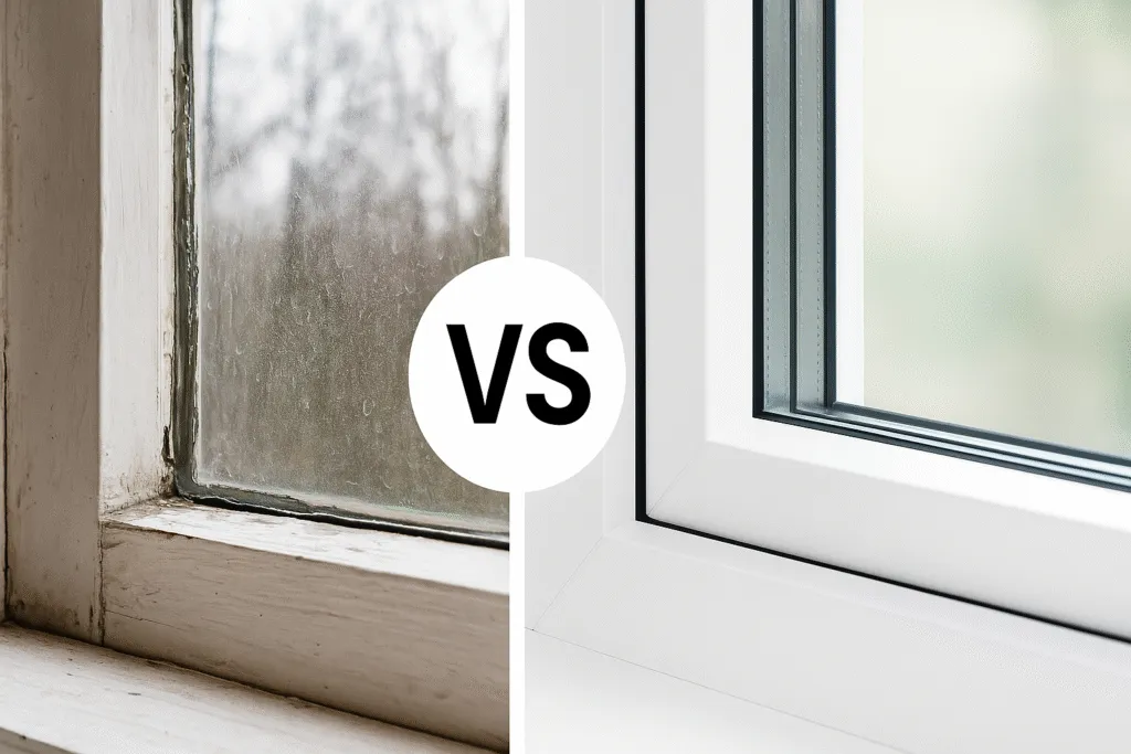 Comparison of old worn-out single-glazed window and modern triple-glazed energy-efficient window in split-screen view